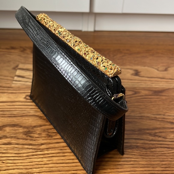 Meyers Made in USA 1960's Handbag Vintage Hard Shell Faux Lizard Gold Hardware - Picture 4 of 4